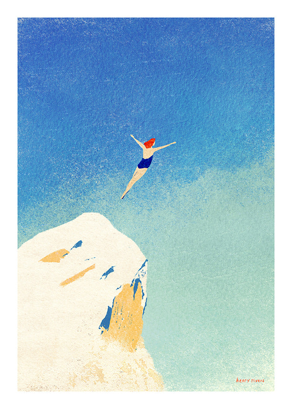 Illustration: cliff dive against an expansive blue sky