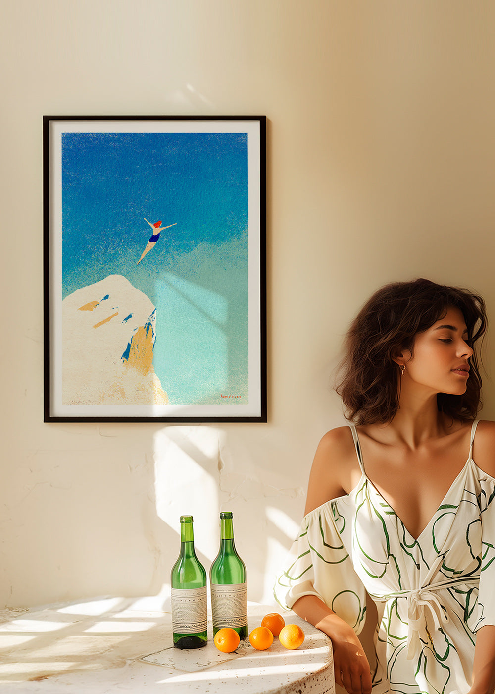 Illustration: cliff dive against an expansive blue sky – Product3