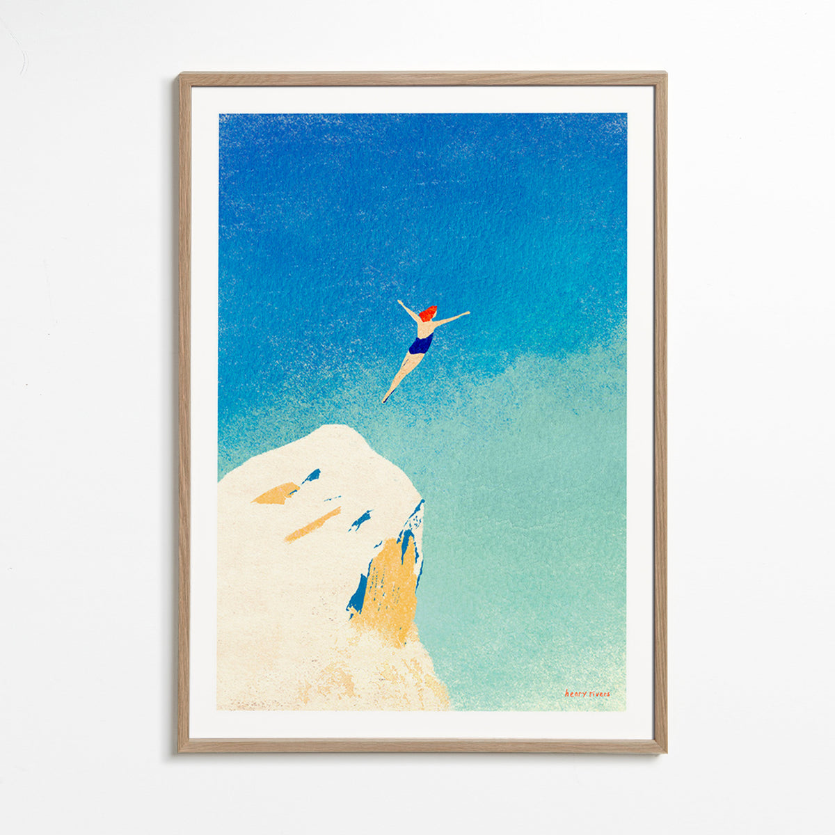 Illustration: cliff dive against an expansive blue sky – Oak Frame