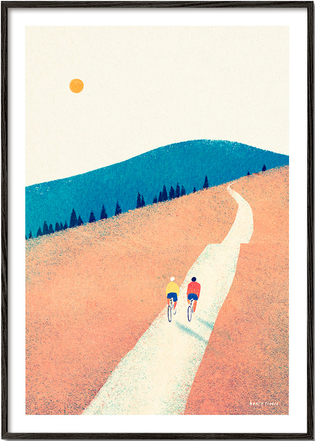 Sports art with two cyclists on a sunlit path – Black Frame