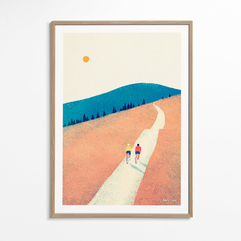 Sports art with two cyclists on a sunlit path – Oak Frame