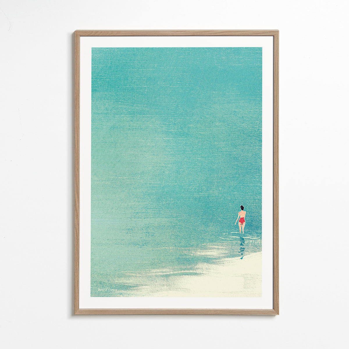 Landscape art: lone bather on calm horizon – Oak Frame