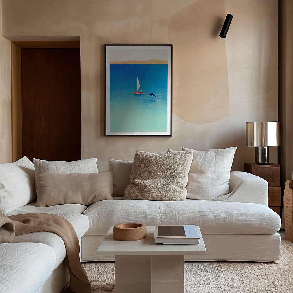 Artwork with dolphin and sailboat on blue sea – Canvas1