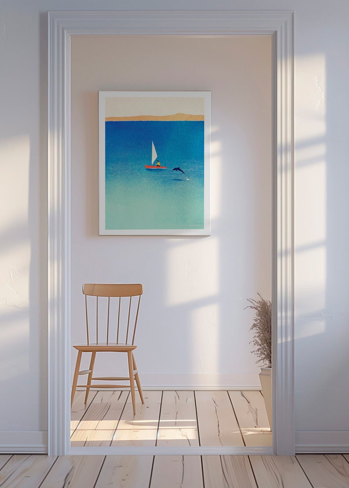 Artwork with dolphin and sailboat on blue sea – Canvas