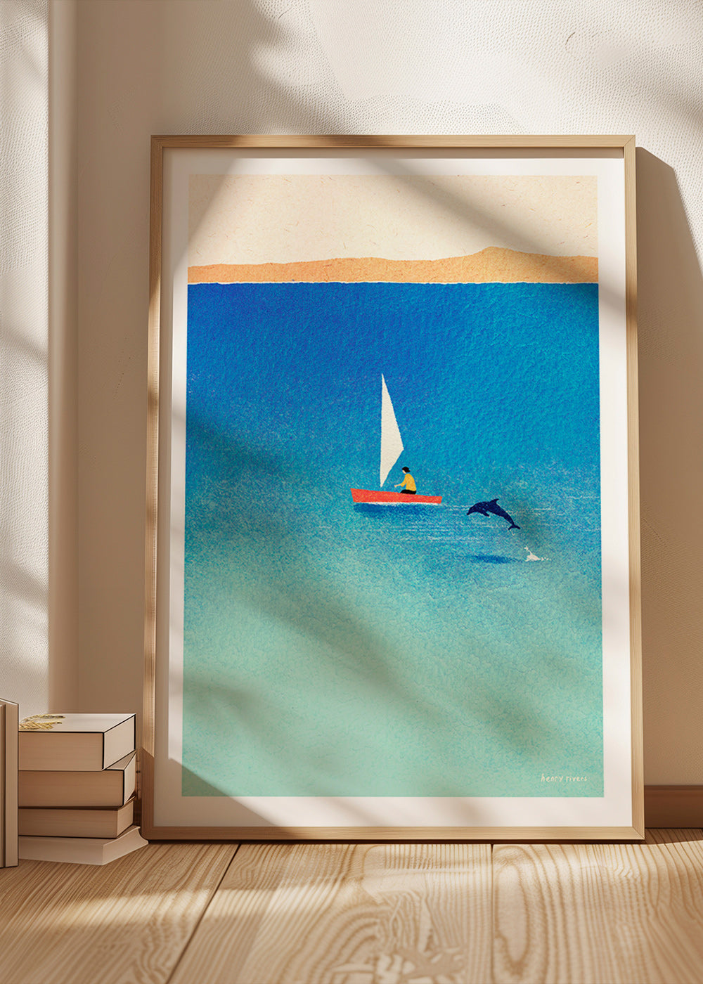 Artwork with dolphin and sailboat on blue sea – Product1