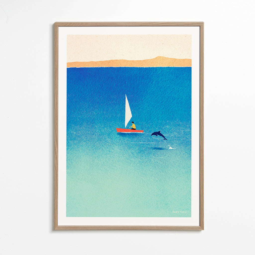 Artwork with dolphin and sailboat on blue sea – Oak Frame