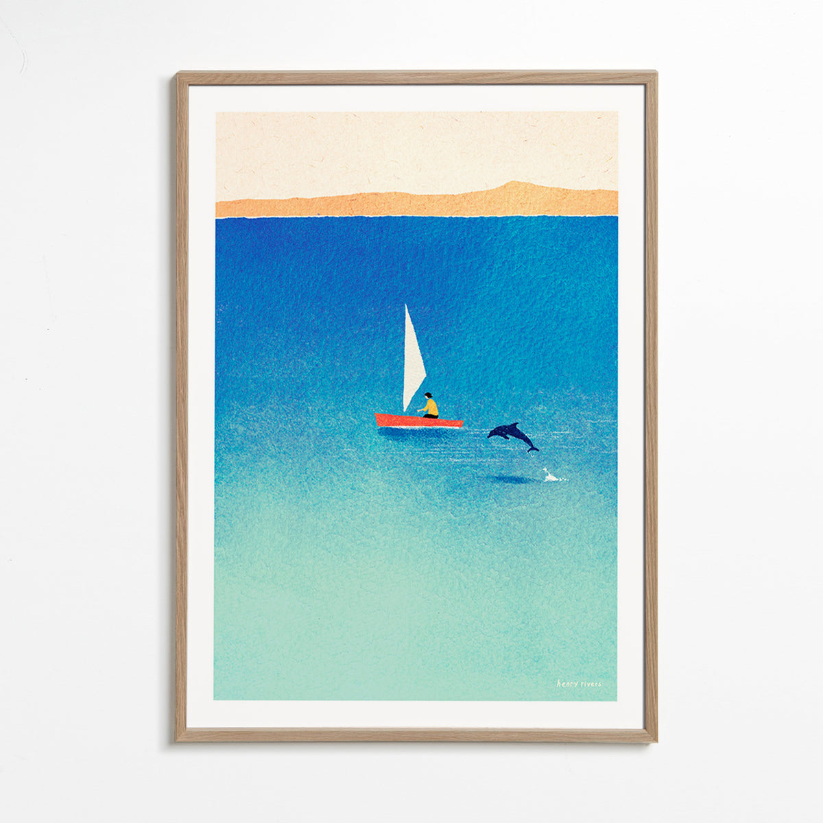Artwork with dolphin and sailboat on blue sea – Oak Frame