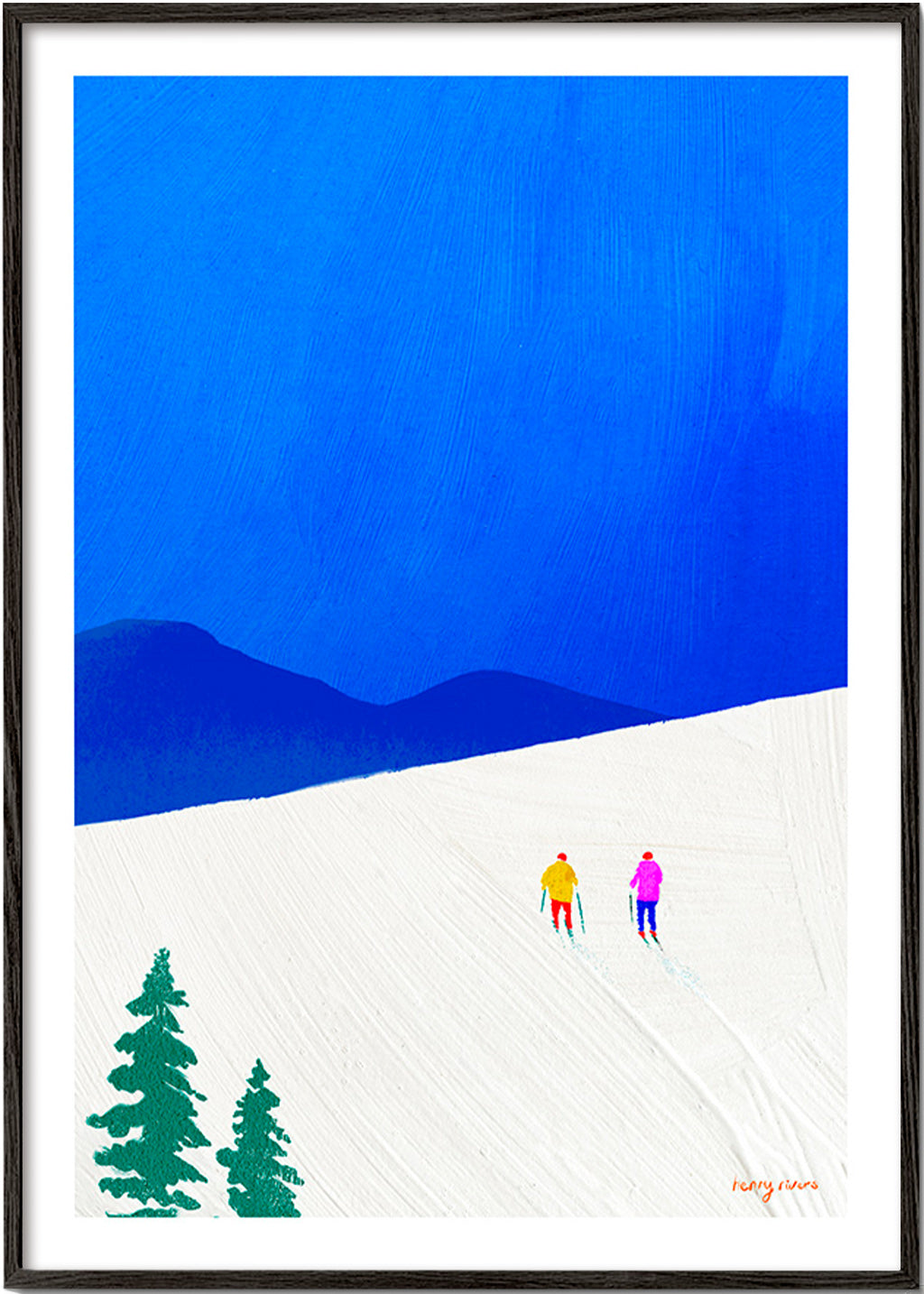 Sports art: two skiers on a snowy slope – Black Frame