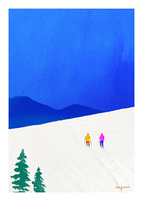 Sports art: two skiers on a snowy slope