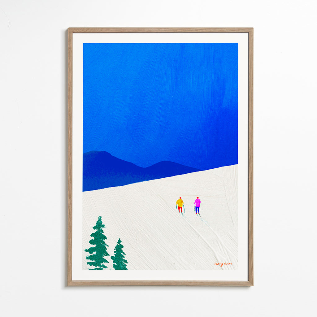 Sports art: two skiers on a snowy slope – Oak Frame