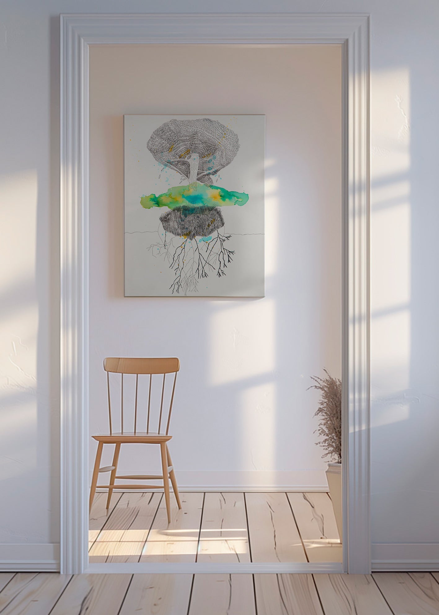 Botanical print tree and roots in ink and watercolor – Canvas