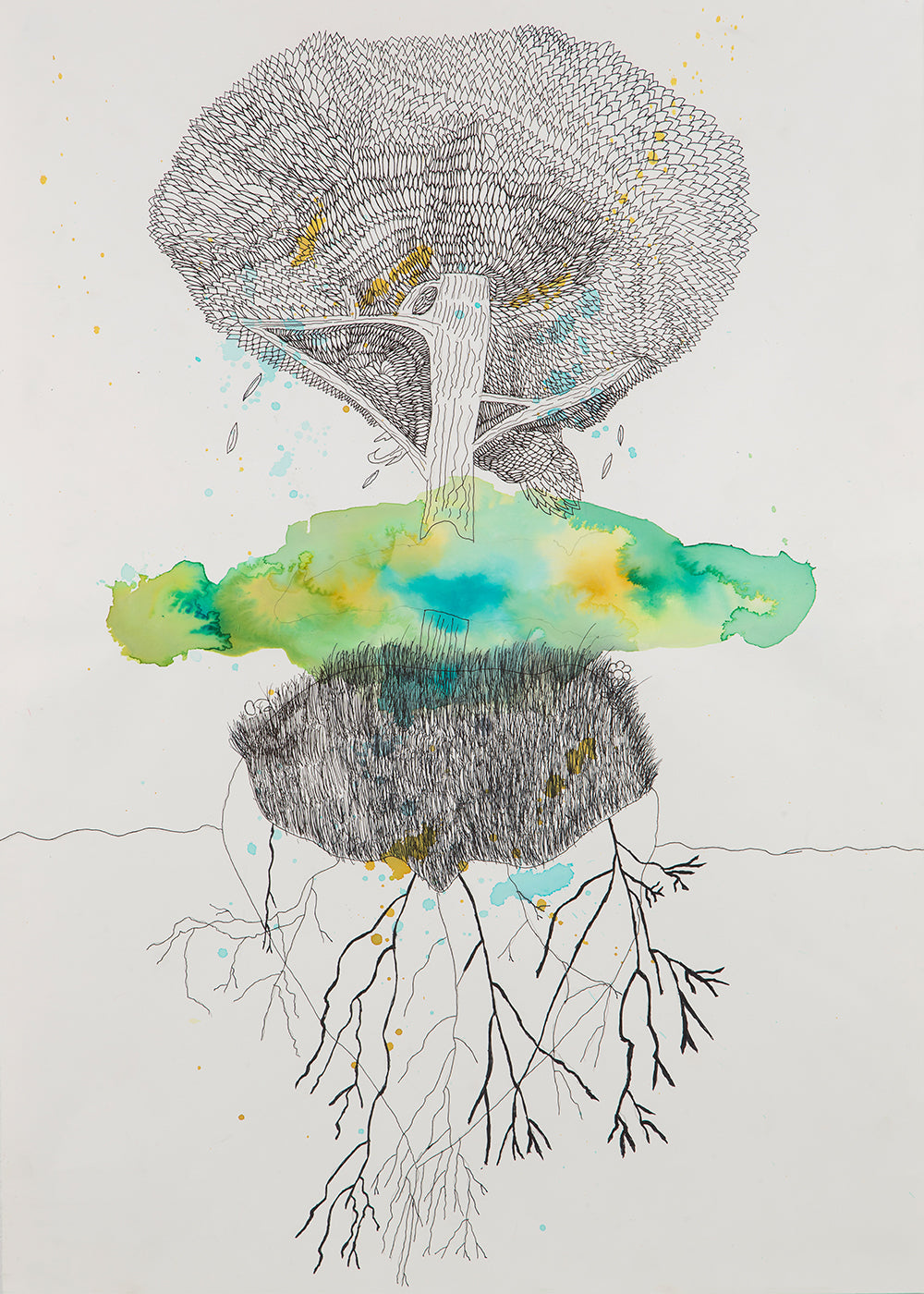 Botanical print tree and roots in ink and watercolor
