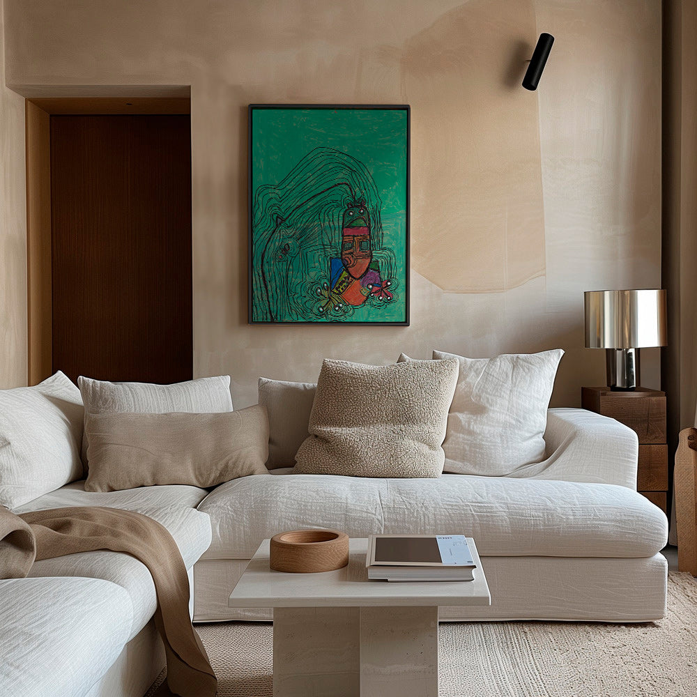 Playful illustration with character on green field – Canvas1
