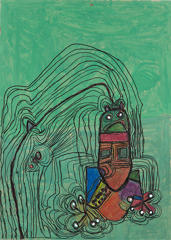 Playful illustration with character on green field