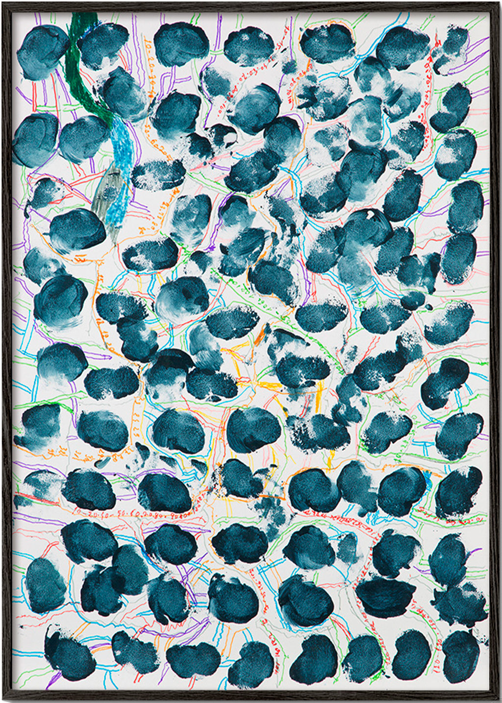 Abstract artwork with blue blotches – Black Frame