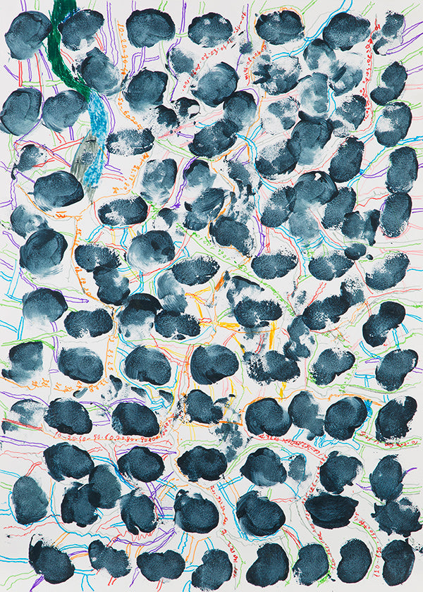Abstract artwork with blue blotches