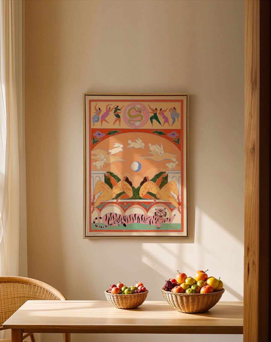 Rabbit Jumps Over the Moon - Framed canvas in an interior