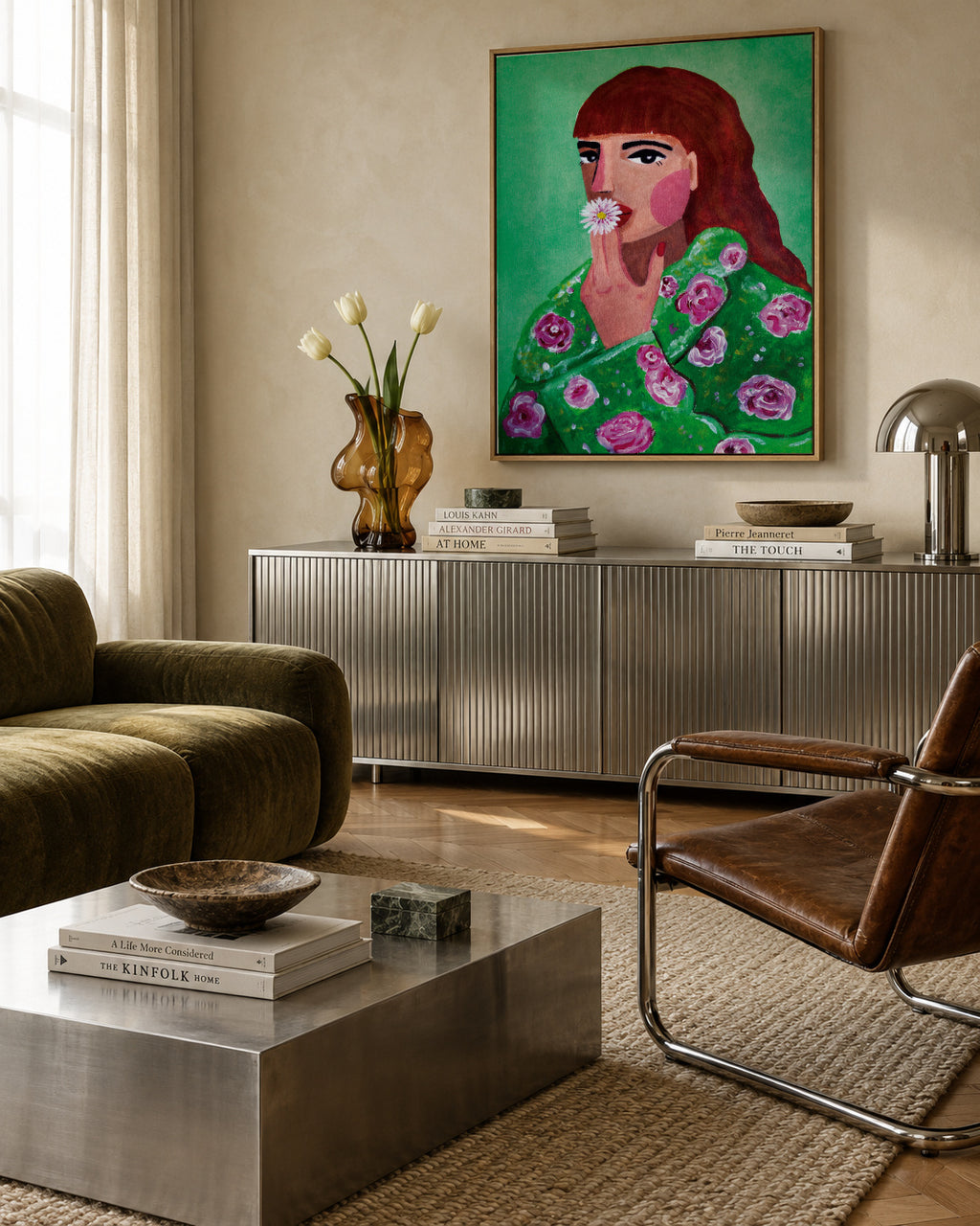 Woman Smoking a Flower - Framed canvas in an interior