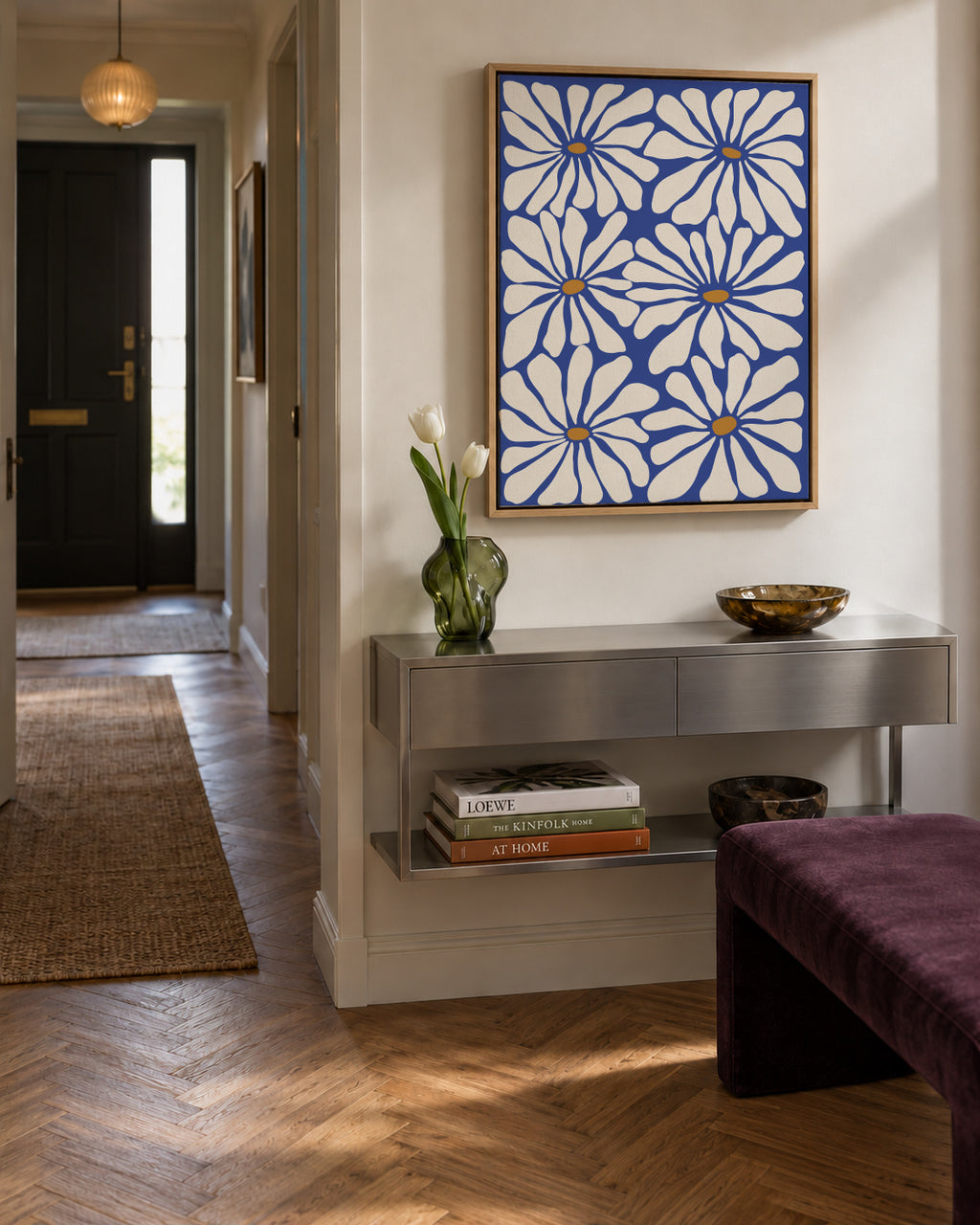 Sunny Floral Blue - Framed canvas in an interior
