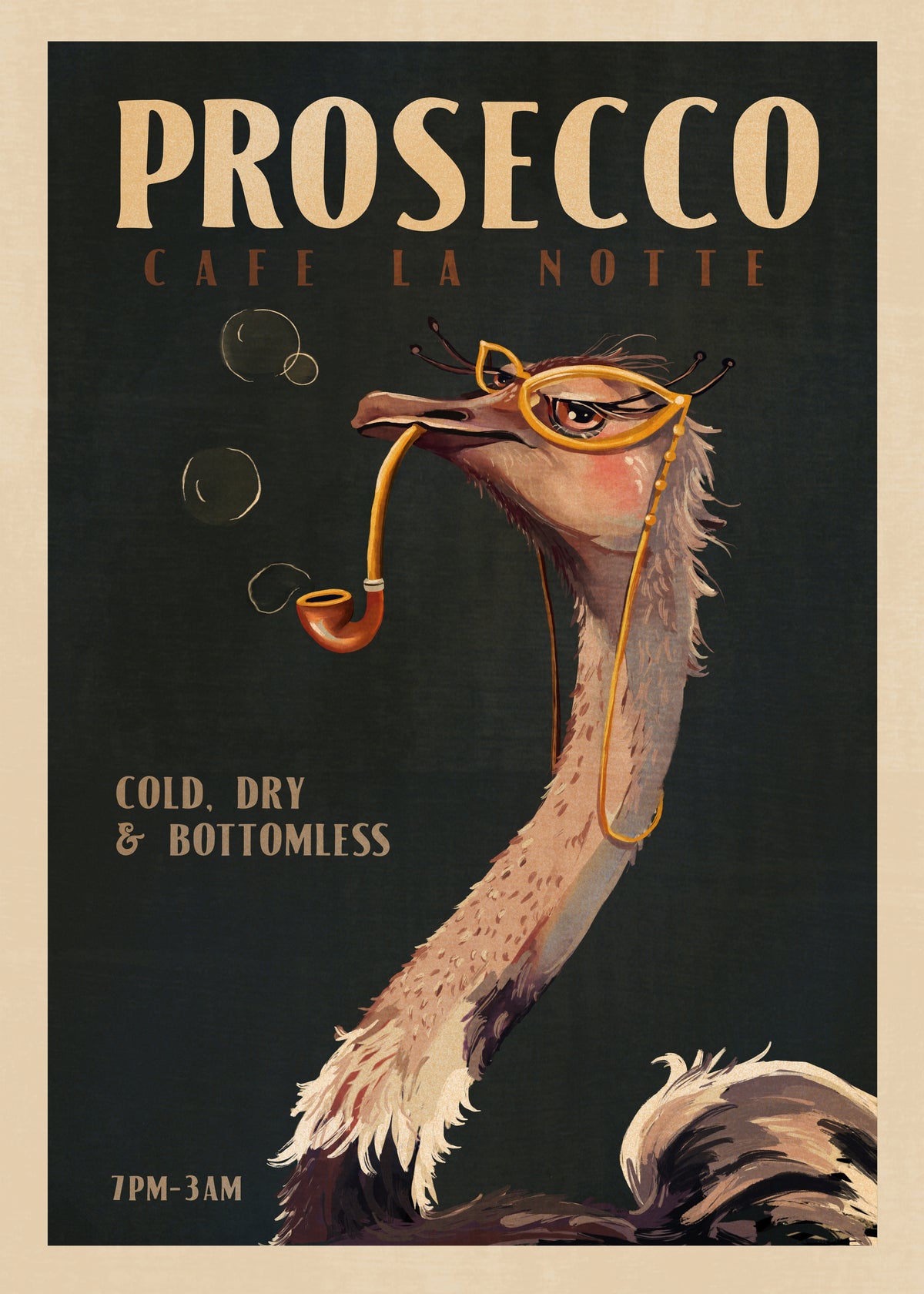 Cute Art Deco Prosecco Poster Of An Ostrich - Unframed art print