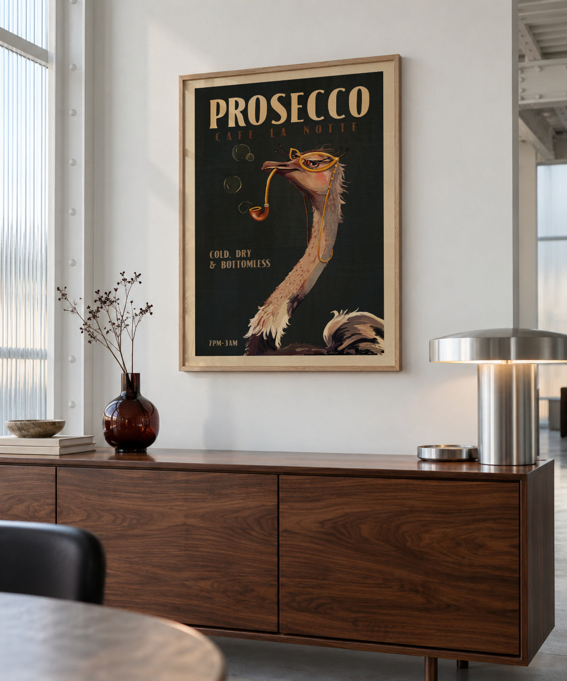 Cute Art Deco Prosecco Poster Of An Ostrich - Framed poster in an interior
