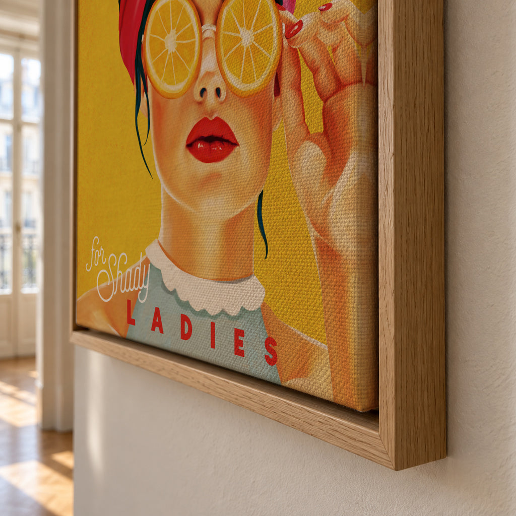 A Sunny Place For Shady Ladies Orange Pinup Art - Framed canvas detail