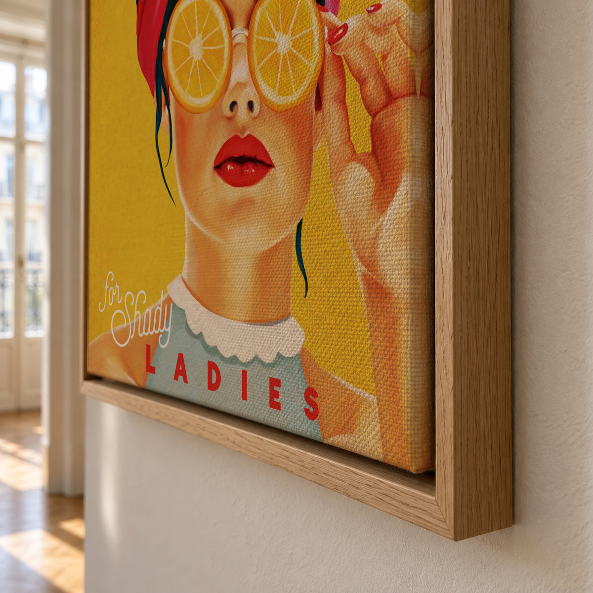 A Sunny Place For Shady Ladies Orange Pinup Art - Framed canvas detail