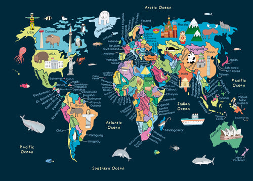 Educational Illustrated Map of the World for Kids - Unframed art print