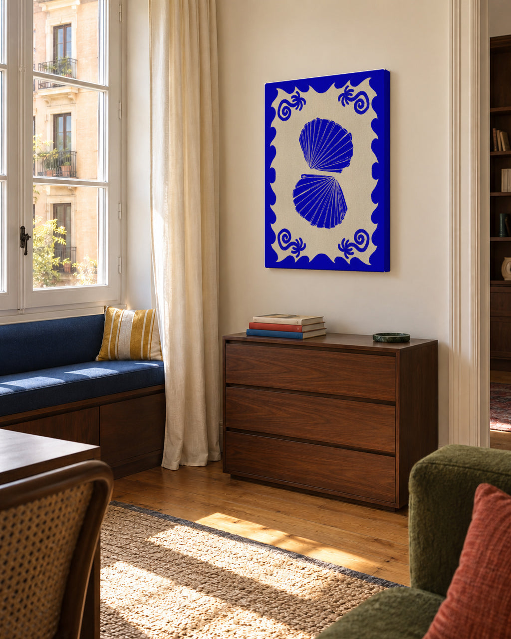 Blue Seashell Stories - Unframed canvas in an interior