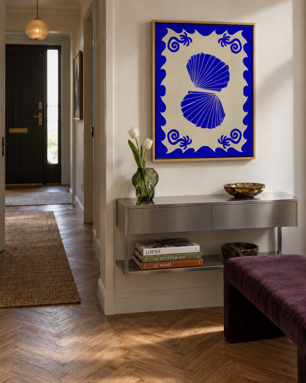 Blue Seashell Stories - Framed canvas in an interior