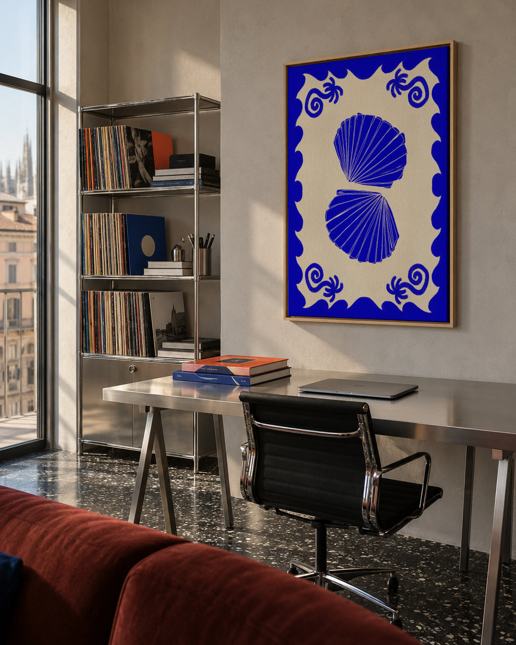 Blue Seashell Stories - Framed canvas in an interior