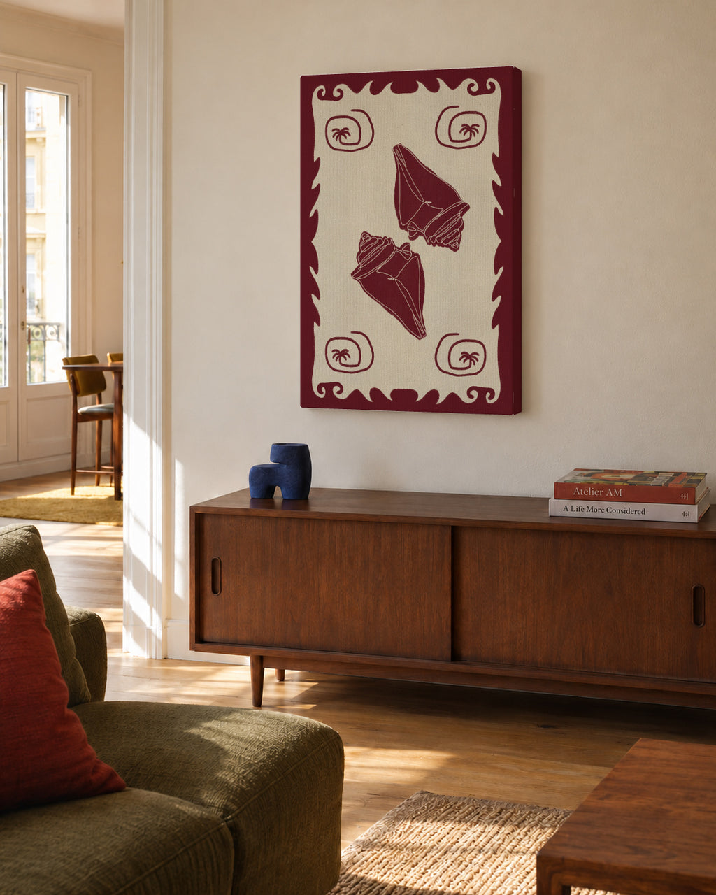 Red Seashell Stories - Unframed canvas in an interior