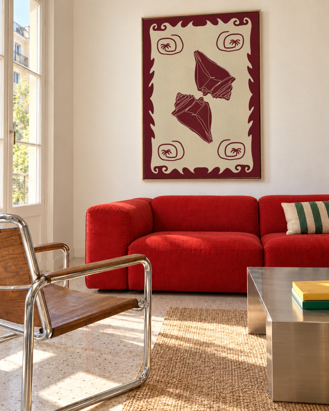 Red Seashell Stories - Framed canvas in an interior