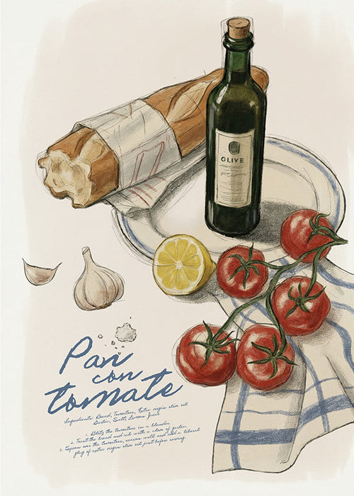 Kitchen art Tomato and bread illustration