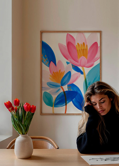 Botanical print pink and blue blooms