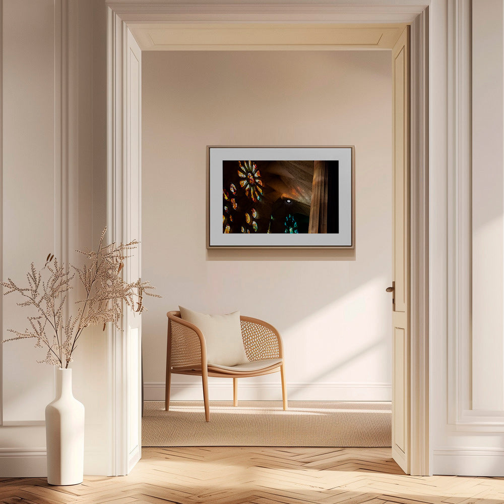 Architectural photograph of stained glass and warm light