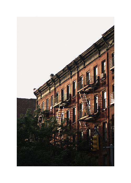 City print of brick facades and fire escapes