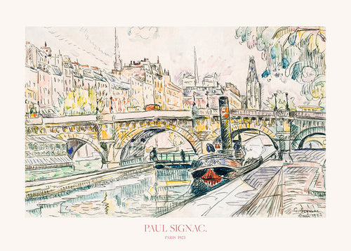 Cuadro de ciudades: Pont Neuf con remolcador en tinta y acuarela