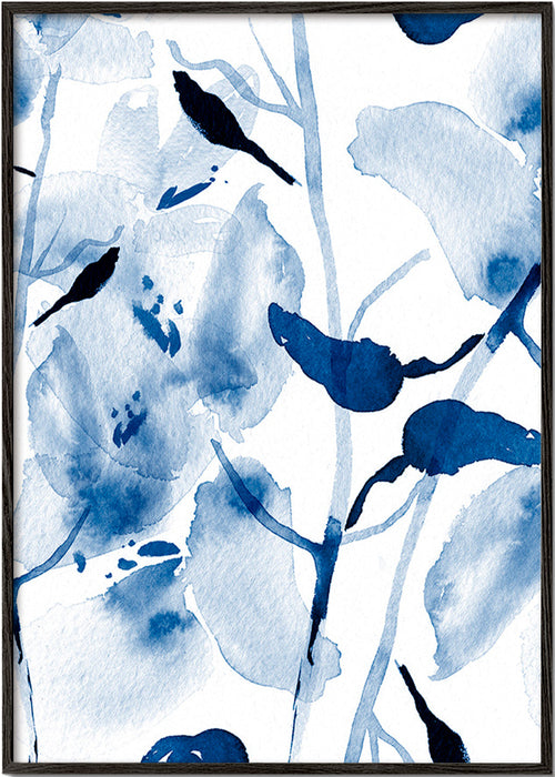 Lámina botánica en acuarela azul con aves – Black Frame