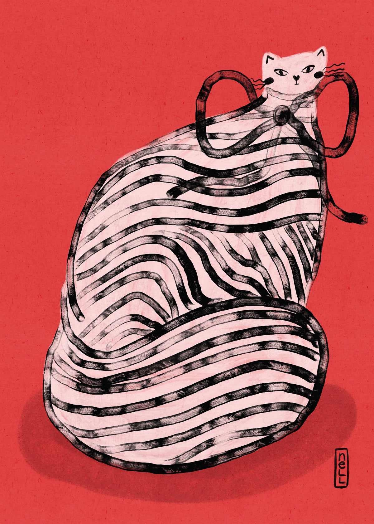 Black and White Stripe Cat Illustration Poster - Unframed art print