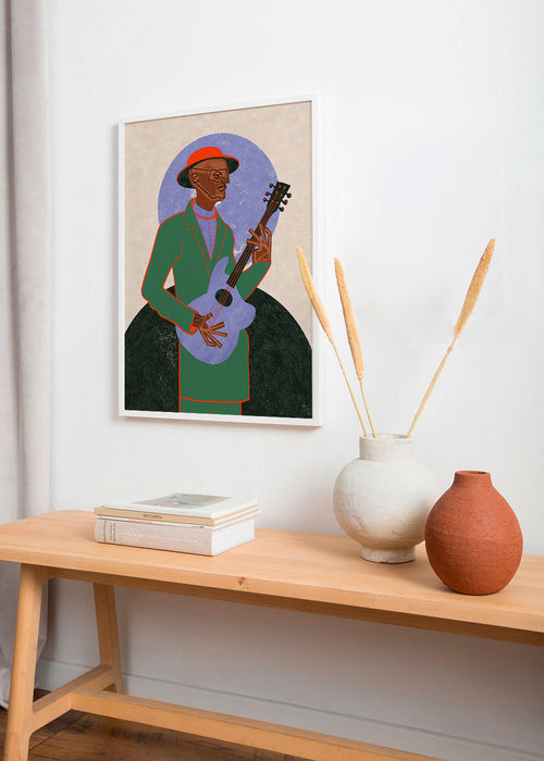 Ilustración músico con guitarra y halo geométrico – Product1