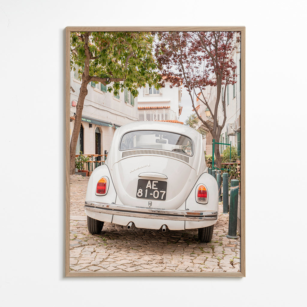 City print: classic car on cobblestones – Oak Frame