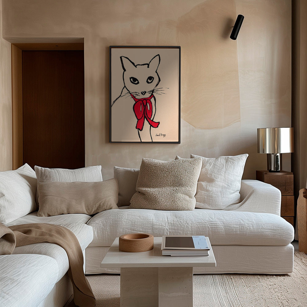 Cuadro gato con lazo rojo y trazo suelto – Canvas2