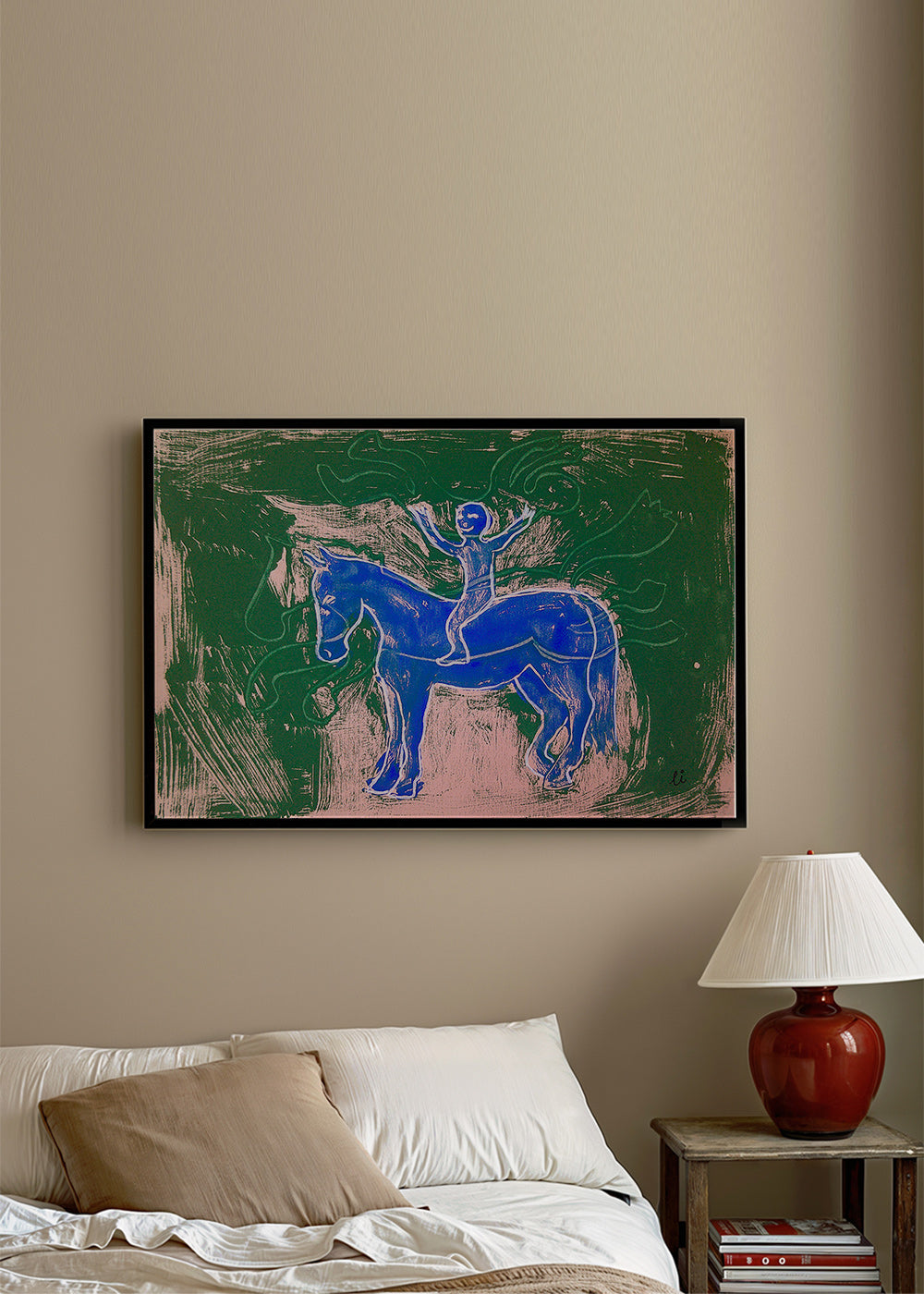 Cuadro caballo azul con jinete en fondo gestual – Product2