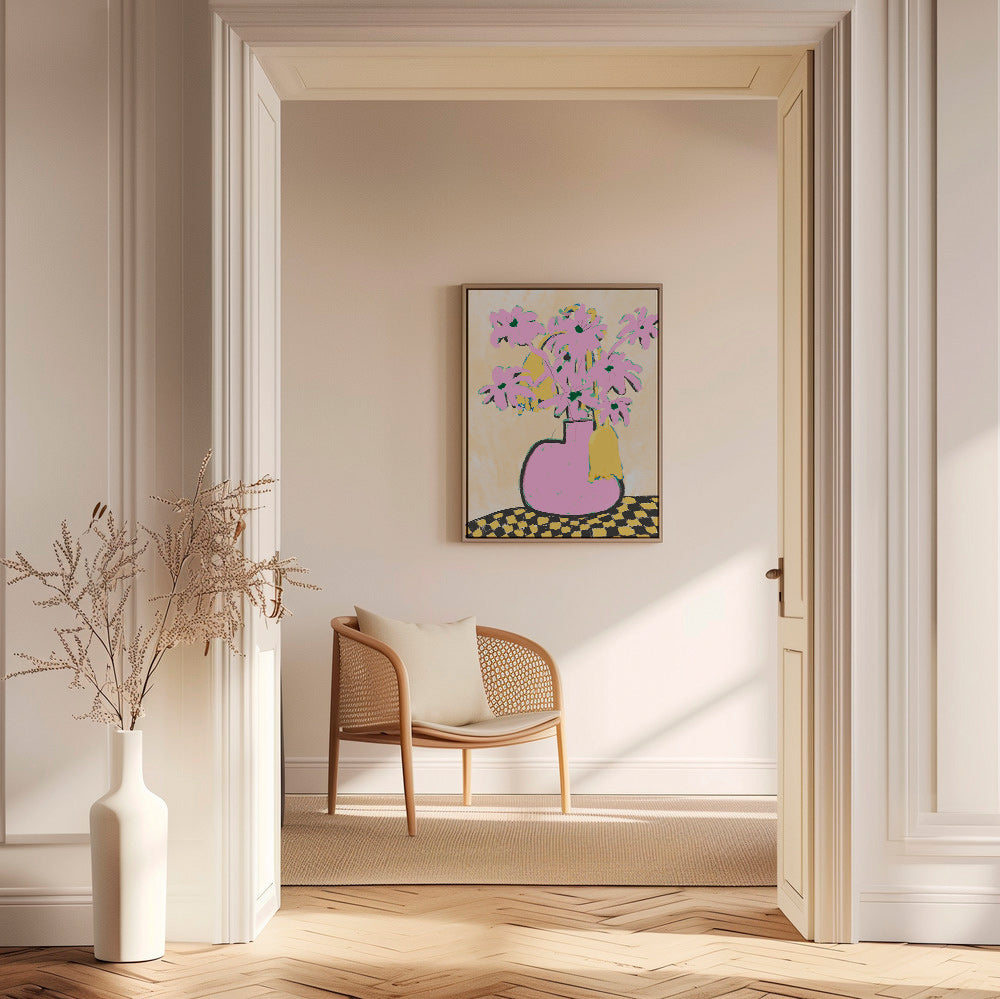 Lámina botánica con jarrón rosa y flores – Canvas2
