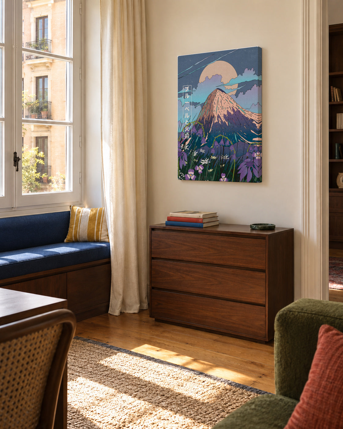 Bluebells and the Volcano - Unframed canvas in an interior