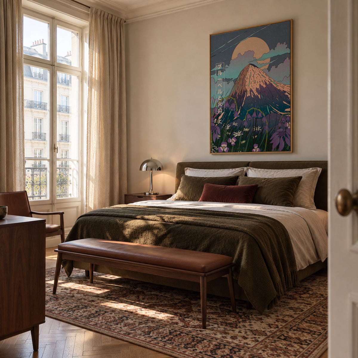 Bluebells and the Volcano - Framed canvas in an interior