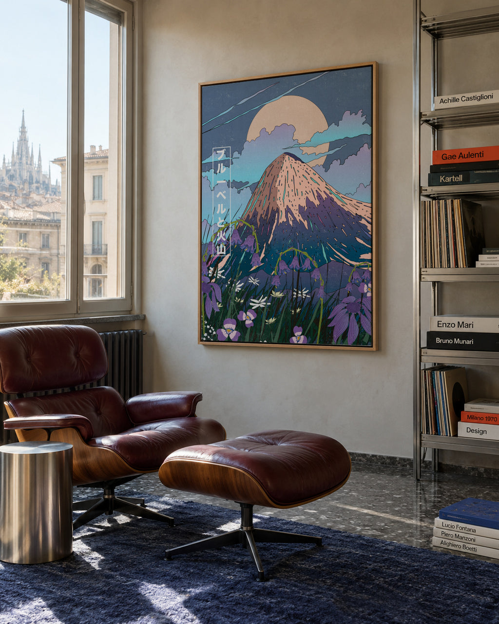 Bluebells and the Volcano - Framed canvas in an interior