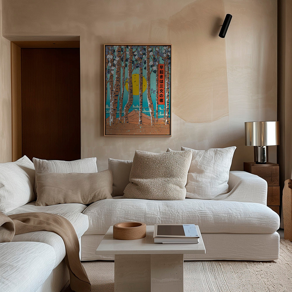 Cuadro de paisaje con abedules japoneses y sol amarillo – Canvas2