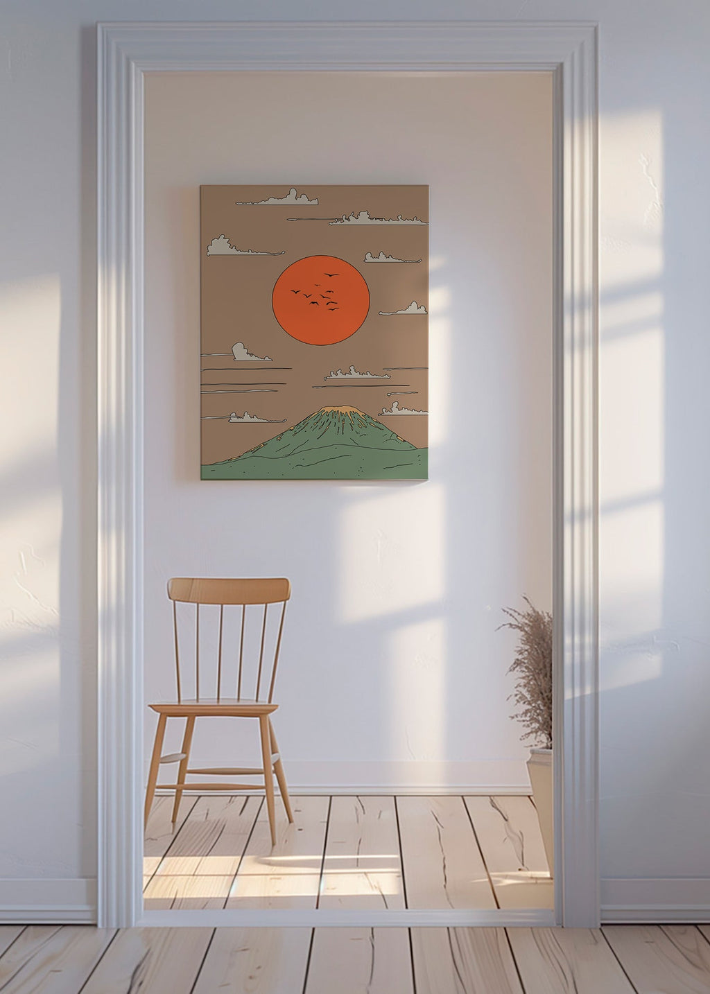 Ilustración japonesa con amanecer y monte estilizado – Canvas